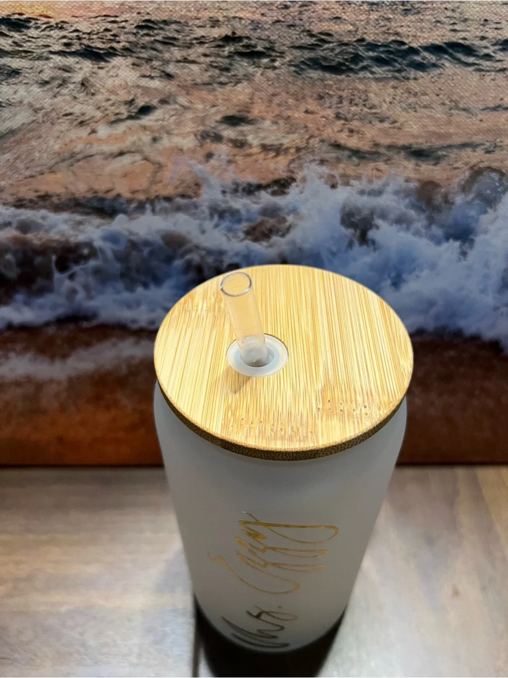 Personalized Frosted Glass Tumbler with Gold Script and Bamboo Lid